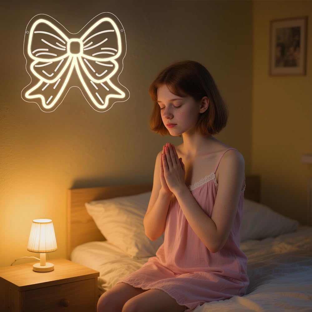 Schleifen-Neonschild, Schleife, LED-Schild für Wand, Raumdekoration, dimmbar, Schleife, Neonlicht für Mädchen, Mädchen, Schlafzimmer, Party, Dekoration, Geburtstag, Brautparty, Hochzeit, Schönheit