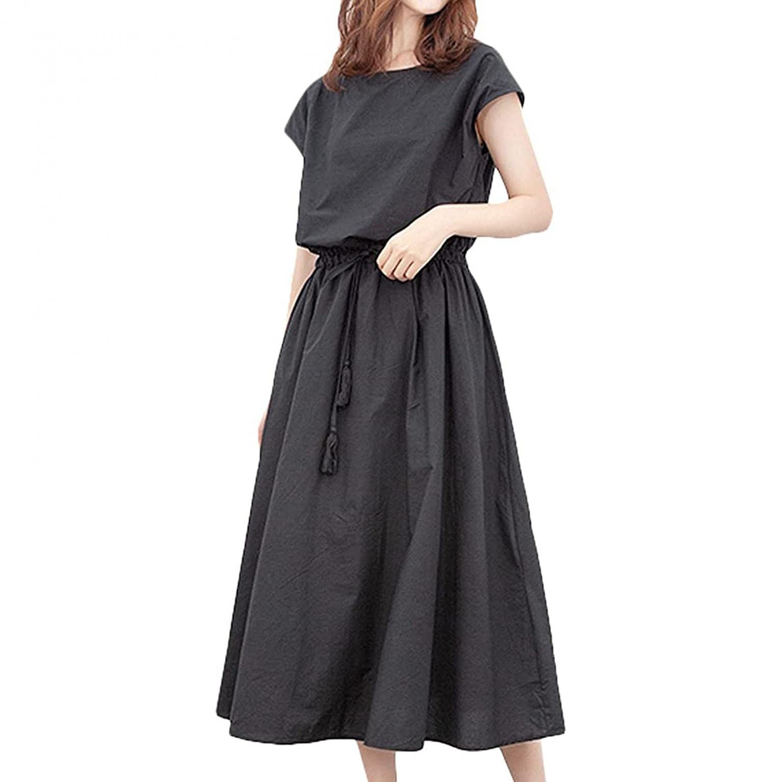 Dafanet Women's Skirt, Spring/Summer, Short Sleeve, Plain, Long Dress, A-Line, Black, Simple Skirt, Women's Body Cover, Slimming, Formal Dress, Maxi Length Dress, Everyday Wear, Loungewear, Commuting, - XX-Large - A1-Black