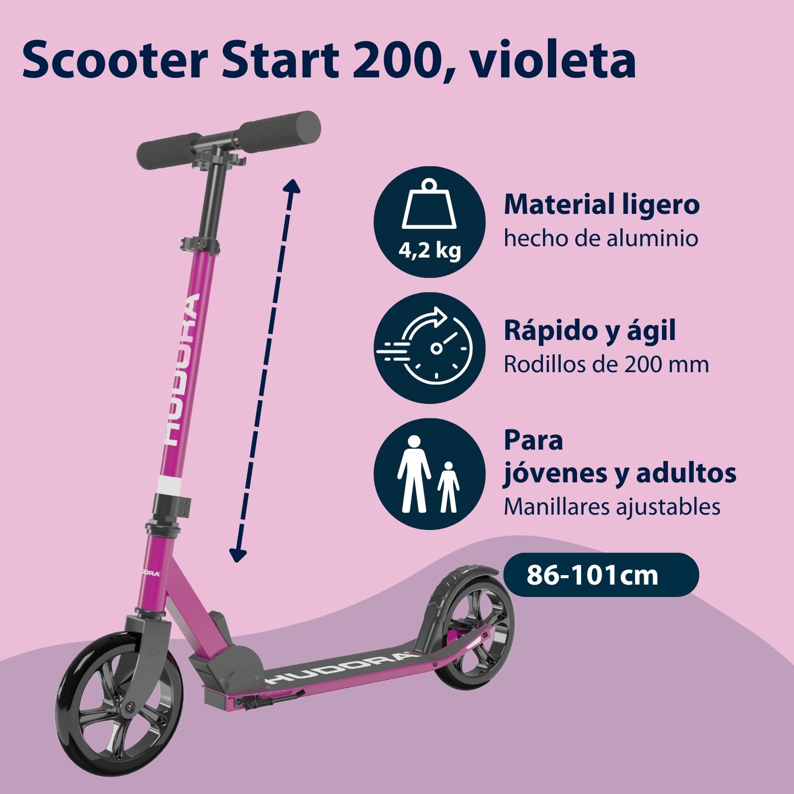 HUDORA Scooter Start 200 | Scooter de Aluminio Resistente | Patinete Urbano Ajustable y Plegable | Patinete para niños y Adultos de hasta 100 kg | Patinete sólido con Soporte | Morado