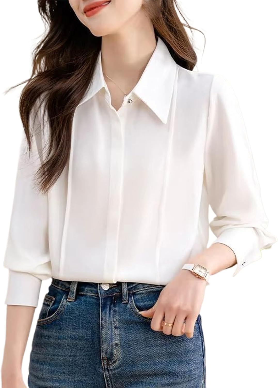 Women's White Shirt Elegant Formal Long Sleeve Satin Blouse Office Ladies Work Top