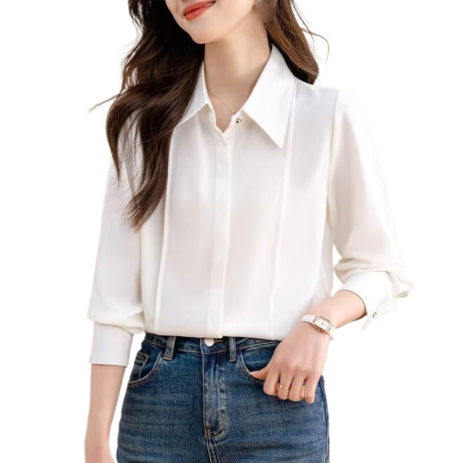 JYHBHMZG Camisa blanca elegante formal de satén de manga larga para mujer, blusa de trabajo para oficina