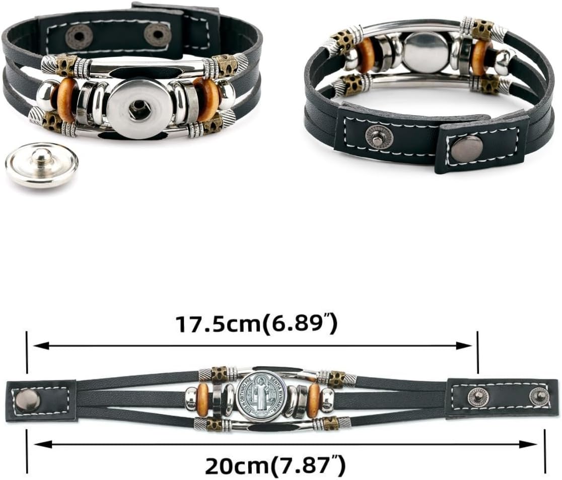 Saint Benedict Medal Braided Rope Bracelet - Adjustable Multi Layer Leather Cords Beaded Bracelet for Men and Women - Image 3