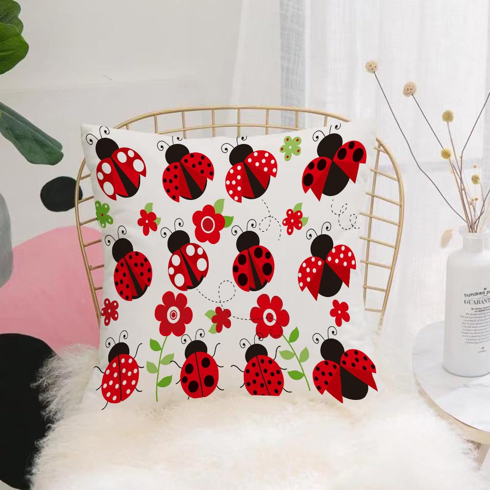 HYOSXW Cushion Cover,Throw Pillow Case Home Decorative for Living Room Bedroom Sofa Chair 16X16 Inch,Ladybugs, cartoon red and black ladybugs and flowers,Pillowcase 40X40cm