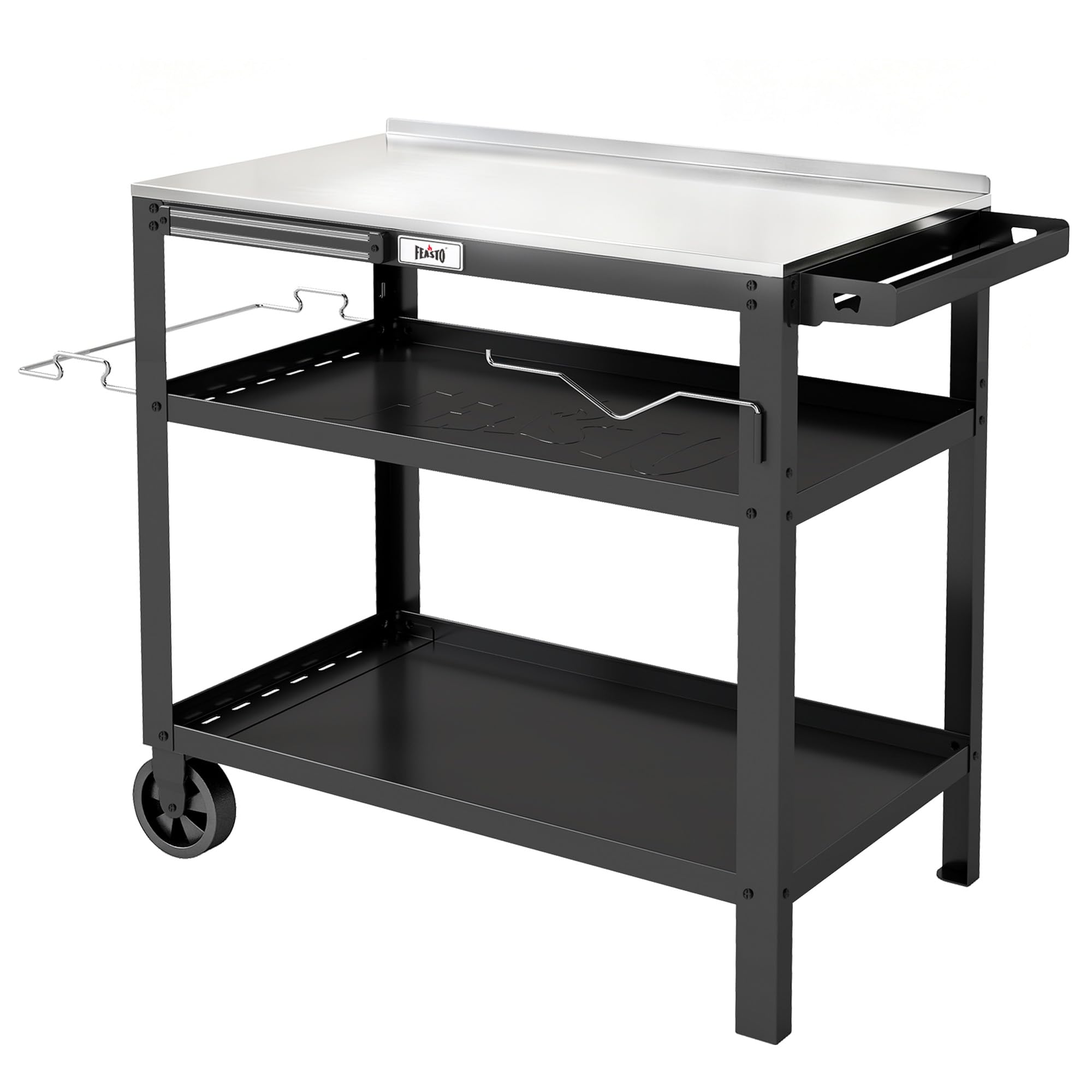 Feasto Desserte de Jardin avec Plateau en Acier INOX, Chariot pour Plancha à 3 étagères avec Barre Magnétique, Idéal pour Jardin et Terrasse, 90 x 46 x 82,5 cm