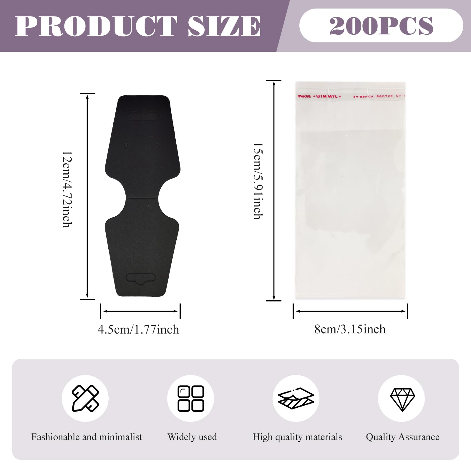 200pcs Jewelry Display Cards with Adhesive,1.7*4.7inch Necklace Display Kraft Cards with 200pcs Packaging Bags Jewelry Holder Cards Hanging for Earring Hair Band Keychain Scrunchies (400PCSBlack)