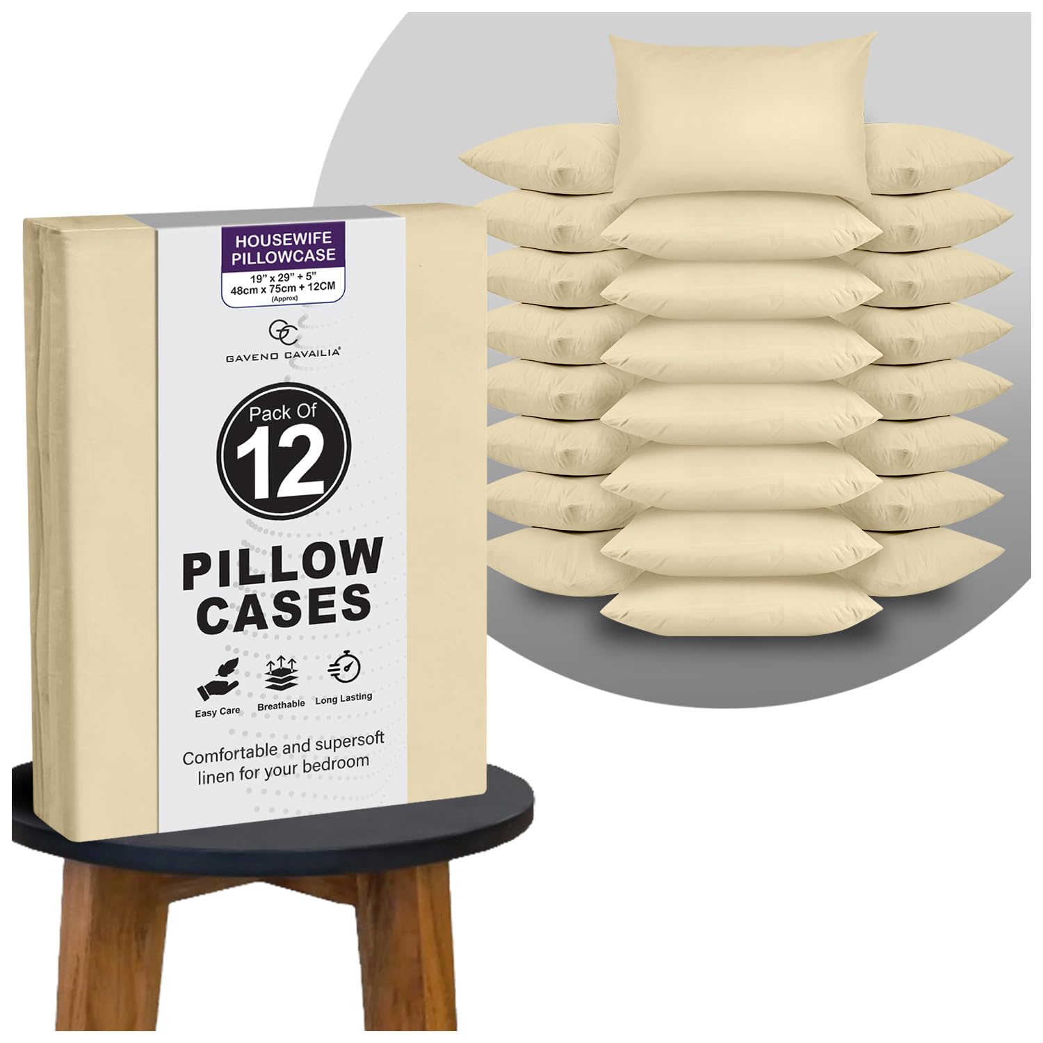 GC GAVENO CAVAILIA Plain Cream Pillow Cases 12 Pack | Breathable, Wrinkle, Soft Touch Polycotton Bedding Pillowcases | Hotel Quality Hypoallergenic Pillow Covers Envelope Closure 74x48 Cm