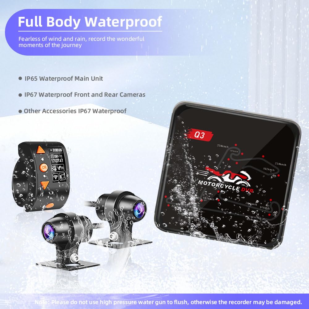 VSYSTO Moto Dash cam, 5G WiFi téléchargement vidéo haute vitesse, contrôleur de câble OLED, étanche starlight nuit vision HD 1080P avant et arrière caméra, affichage de la température
