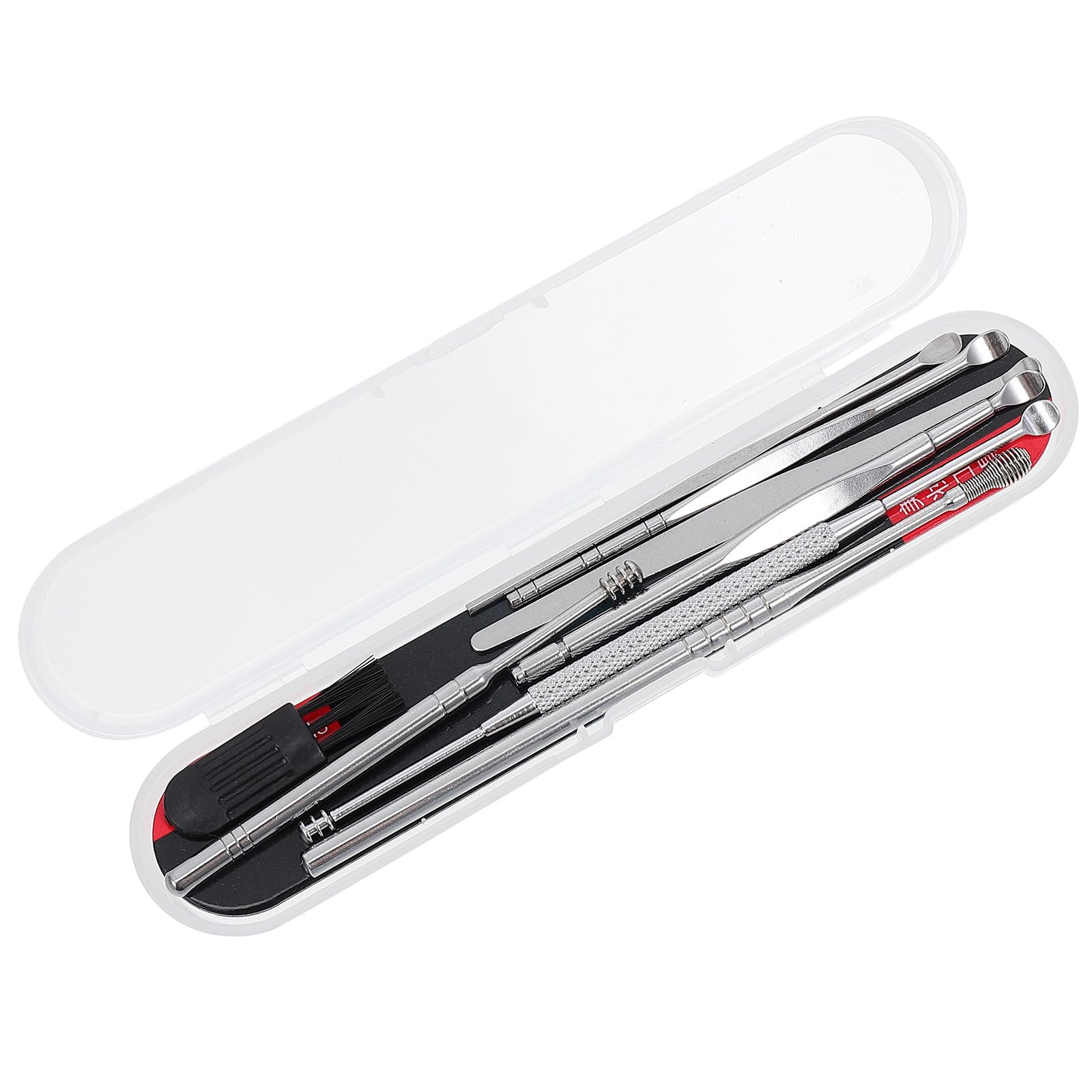 Stainless Steel Ear Cleaning Tools Set 8pcs with Double-Ended Spiral Picks Black Brush and White Plastic Storage Box