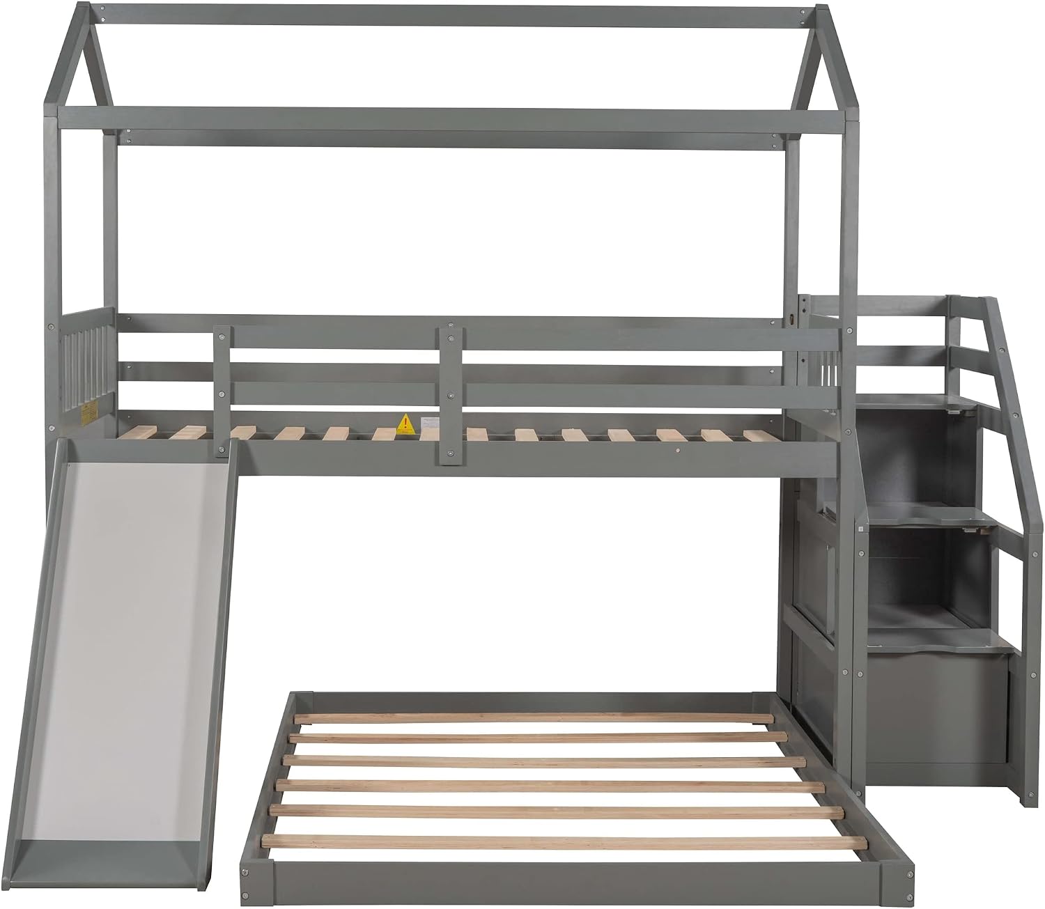 Harper & Bright Designs House Bunk Beds with Slide and Stairs Twin Over Full Bunk Bed Wood Playhouse Low Bunk Bed for Kids Girls Boys Teens, Gray