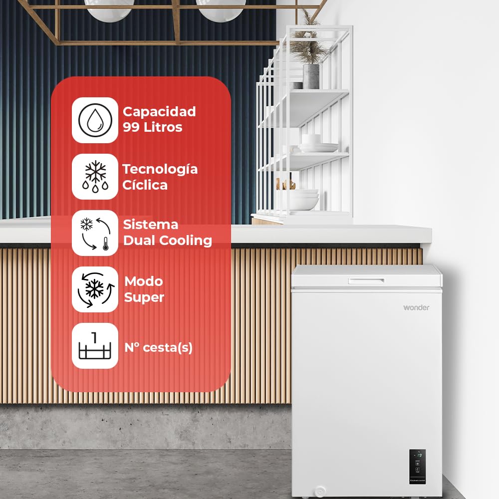 Wonder Congelador Horizontal Blanco WCH1001EDC. Capacidad 99 Litros, Dual Cooling, 1 Cesta, Bajo Nivel Sonoro, Eficiencia Energética Clase E