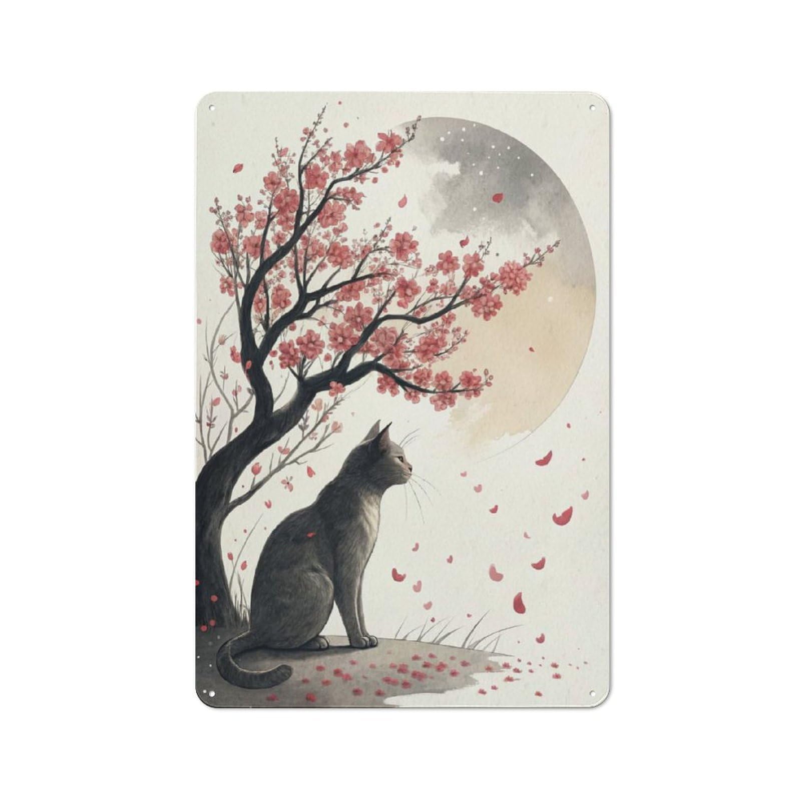 Junmoney Style-15 For Garden Room Or Summerhouse, Cat Under Cherry Blossoms Retro Metal Sign 30X20cm, For Vintage Wall Decor Fans, For Metal Sign Collectors