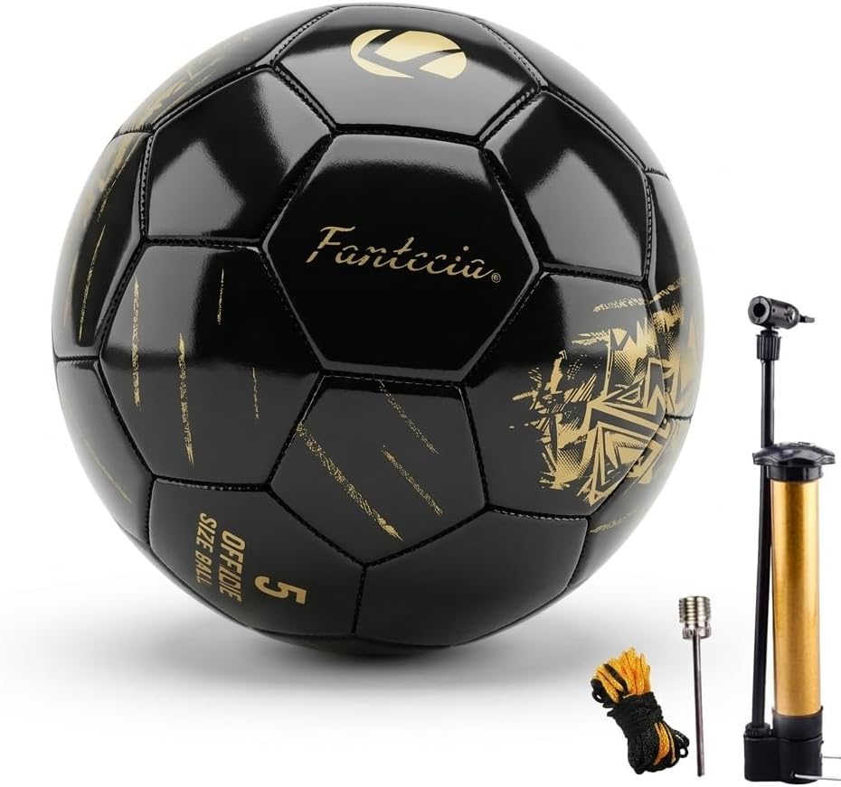 Soccer Ball Size 5, PU Leather Indoor/Outdoor Soccer for Youth & Adult, Black Soccer with Gold Print