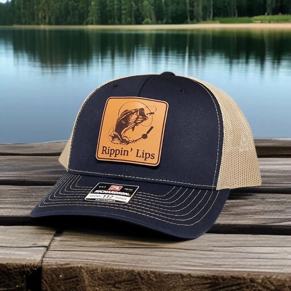 Rippin’ Lips Fishing Hat - Funny Trucker Hat for Fishermen - Great Gift for Dads, Bass Anglers, and Outdoorsy Guys - Adjustable Snapback - Camo Fishing Hat