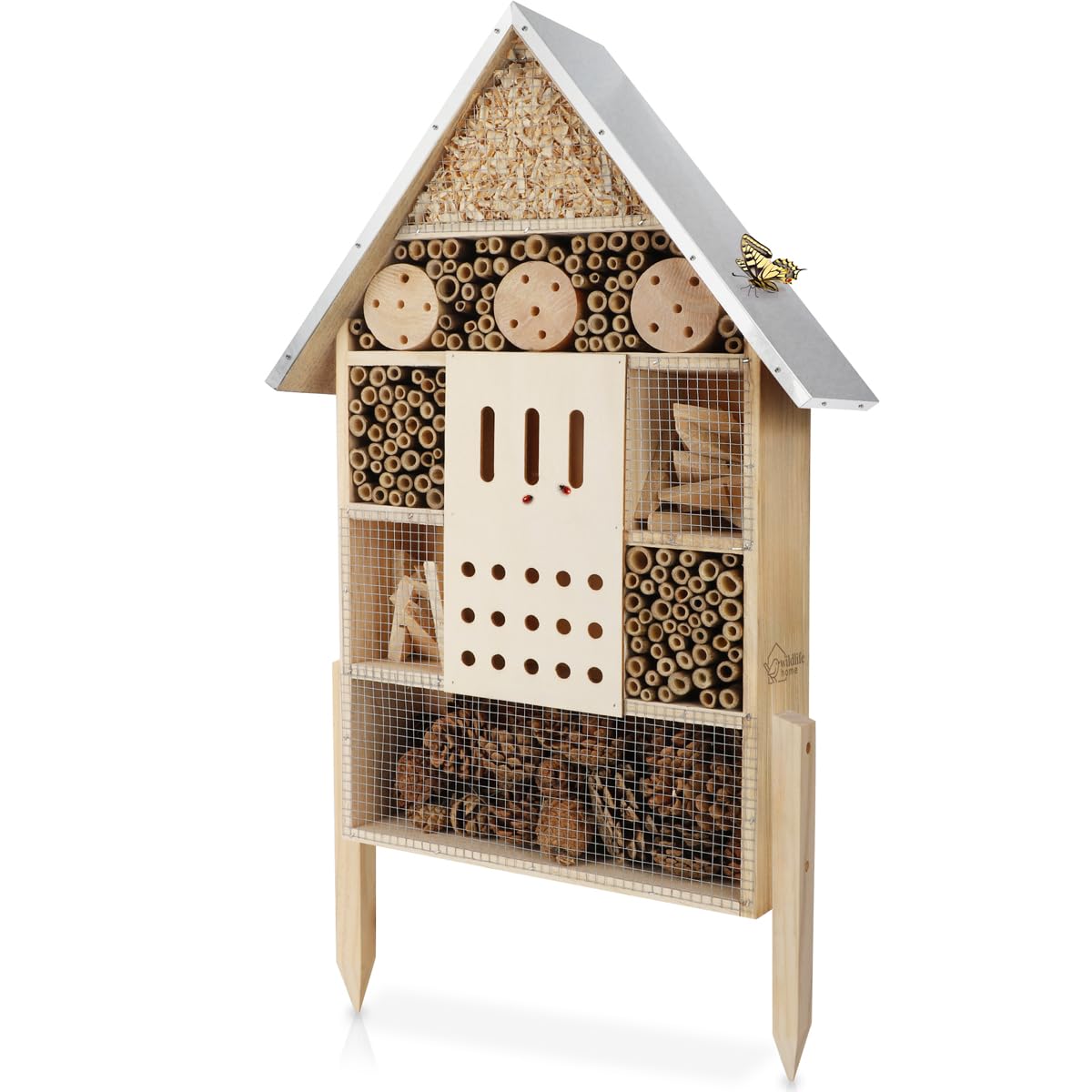 WILDLIFE HOME Insektenhotel XXL Stehend Bienenhotel mit Standfuß 79 cm & Metalldach I Groß Wildbienenhotel, Insektenhaus für Bienen, Marienkäfer & Schmetterlinge, fertiges Insektenhotel kein Bausatz