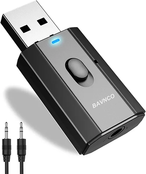 Bluetooth Car Adapter, Mini Bluetooth 5.0 Stereo Transmitter Receiver, Wireless 3.5mm Aux Jack Hands-Free Calls Kit Audio Adapter Built-in Mic for Car Speaker, Home Stereo, Headphones, PC,TV More