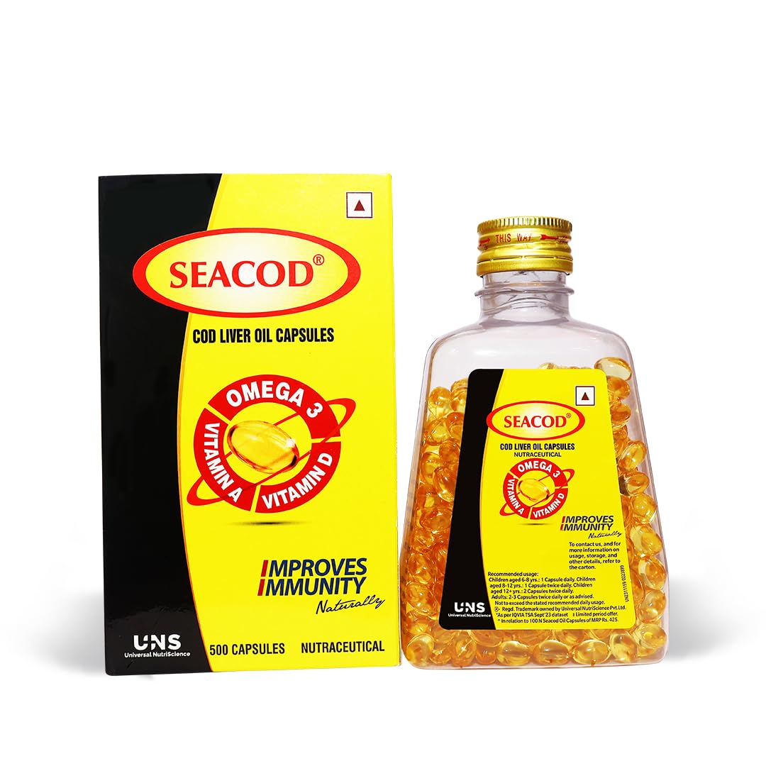 Seacod Pure Cod Liver Oil Capsules 300mg With Omega 3 Vitamin A & D For Kids & Adults (500 Softgels)