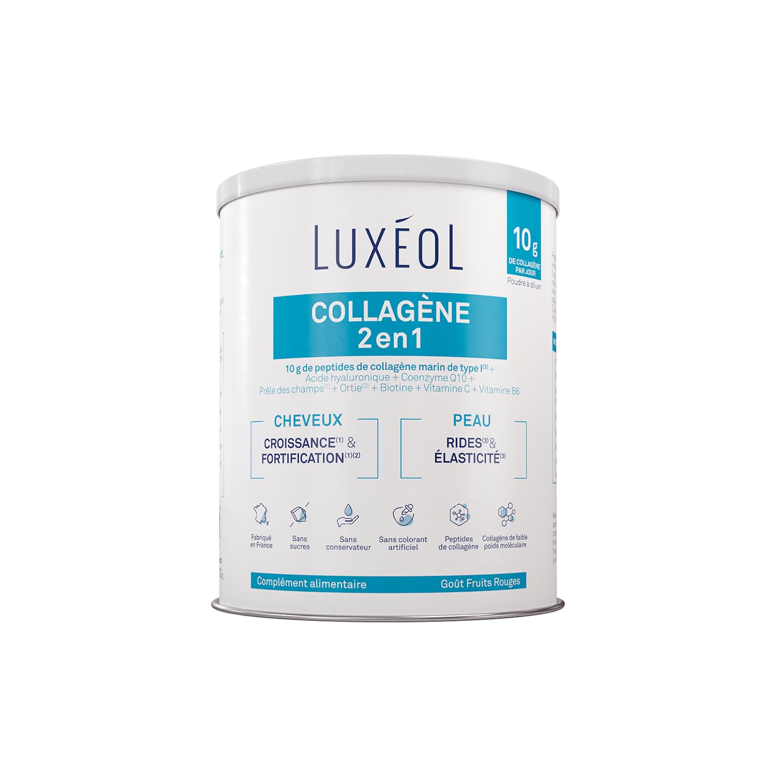 Luxéol - Collagène 2 en 1 - Complément Alimentaire - Croissance(1) & Fortification(1)​(2) - Rides(3) & Elasticité(3) - 10 g Collagène Marin Type l + Acide Hyaluronique + coQ10-​275 g (Programme 25 j)