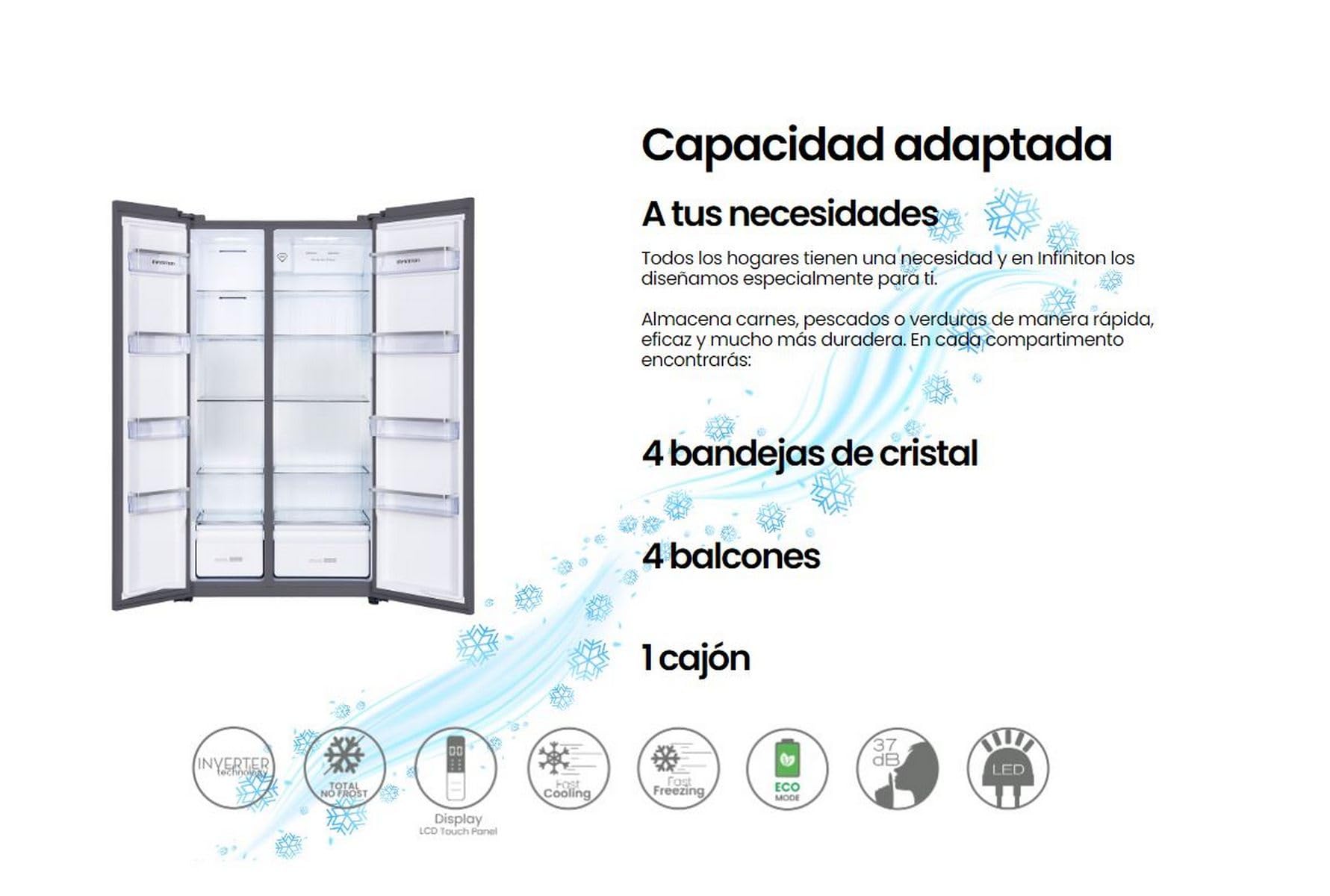 INFINITON Frigorifico Americano SBS-A174I, 505 Litros, 177 cm de Altura, No Frost Total, Inverter, Funciones Fast Cooling y Fast Freezing, E, Iluminación LED interior, Función Eco, Inox