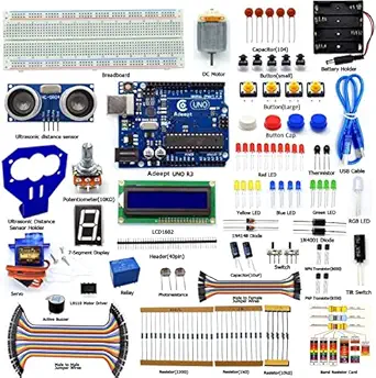 Ultrasonic Distance Sensor Starter Kit Compatible with Arduino IDE, DC Motor, LCD1602, Uno R3 Microcontroller Starter/Beginner Kit with Tutorial and Code