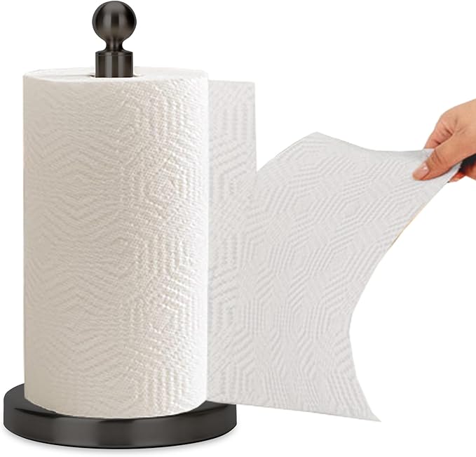 Kalitro Paper Towel Holder Countertop, Standing Paper Towel Roll Holder for Kitchen Bathroom, with Weighted Base for One-Handed Operation (Stainless Steel Base, Brushed Nickel)