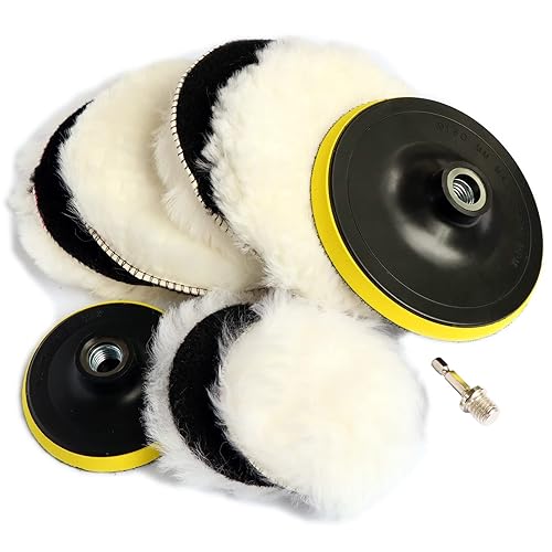 Kit de 9 almohadillas de pulido de lana natural de 4 y 6 pulgadas, rueda de pulido para fijación de taladro con adaptador de taladro de 5/8 pulgadas