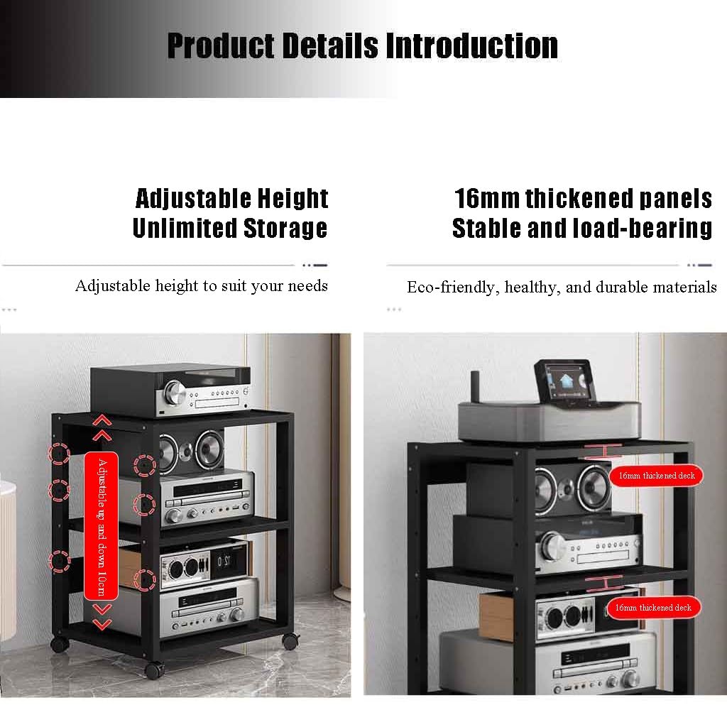 Meuble Chaine HiFi Rack Audio 7 Couches avec Roulettes Silencieuses - Composants Audio Vidéo Noir