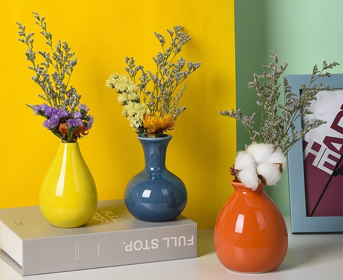 Ceramic Colorful Flower Vases for Home Desk Bookshelf Decoration,Modern Farmhouses Tabletop Small Vase,Set of 3