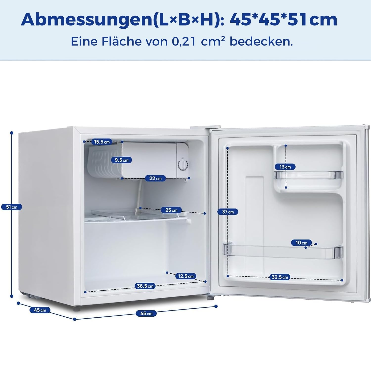 Smad Mini Kühlschrank 45L, Kühlschrank Klein, 230V, Kleiner Leiser Kühlschrank mit Umkehrbarer Tür, Minikühlschrank, Temperaturregelung 0–10 °C, Minibar für Schlafzimmer, Büro, Hotel, Wohnzimmer, Weiß