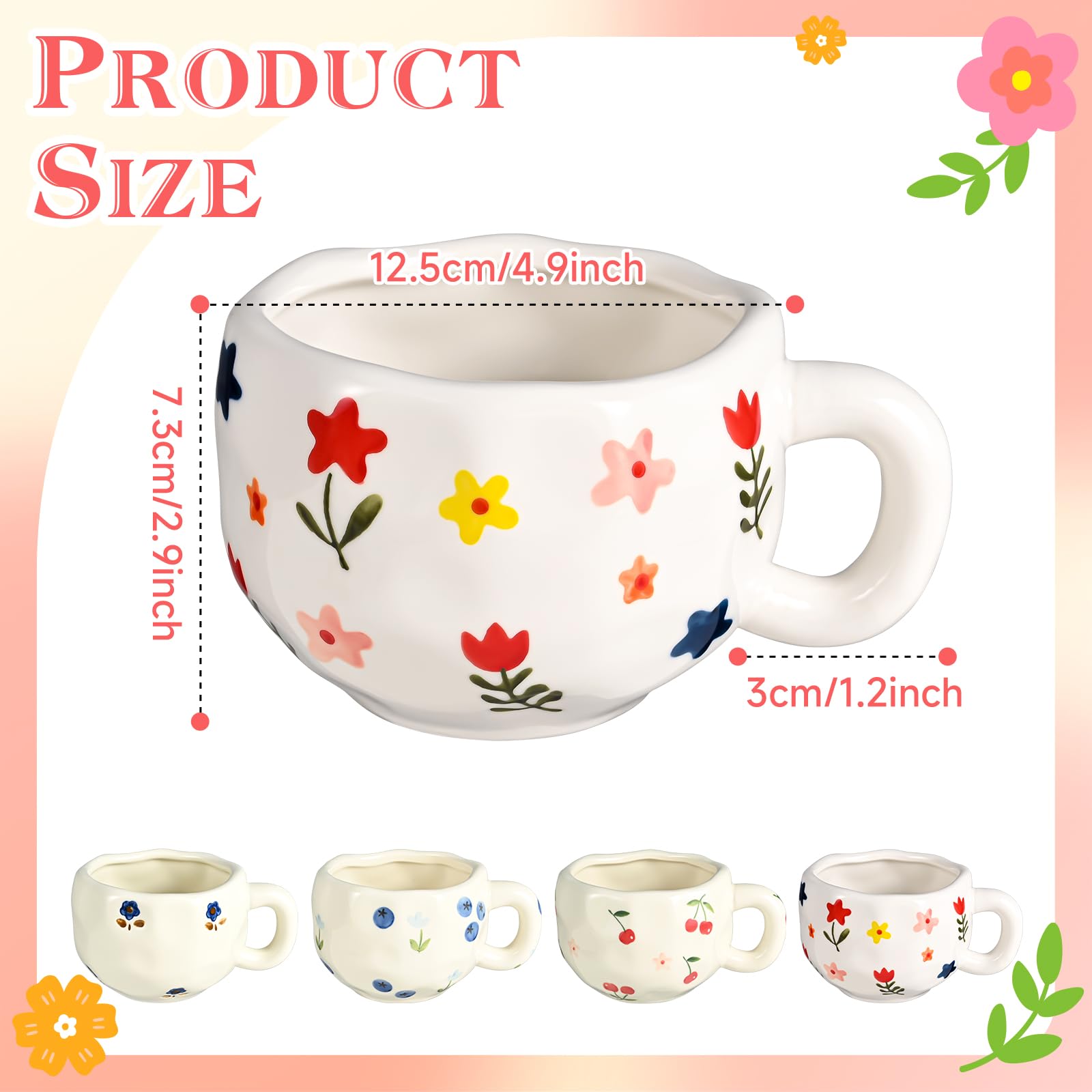 Lot de 4 tasses à café en céramique peintes à la main - Motif floral mignon - Pour le bureau et la maison - Tasse à thé vintage pour cappuccino, cacao, expresso - Passe au micro-ondes - 290