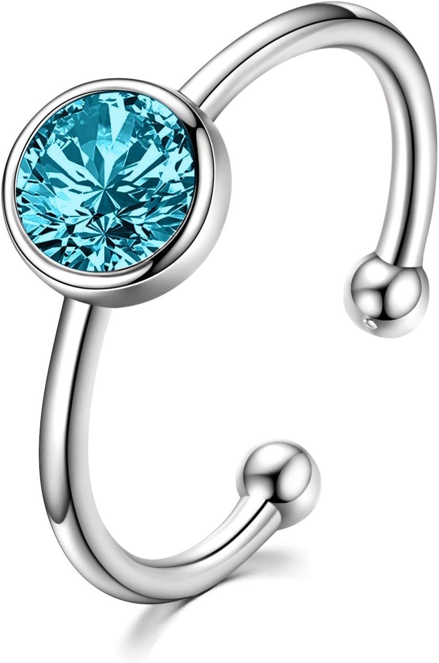 AOBOCO 925 Sterling Silver Birthstone Adjustable Ring for Women Birthday Gift for Her