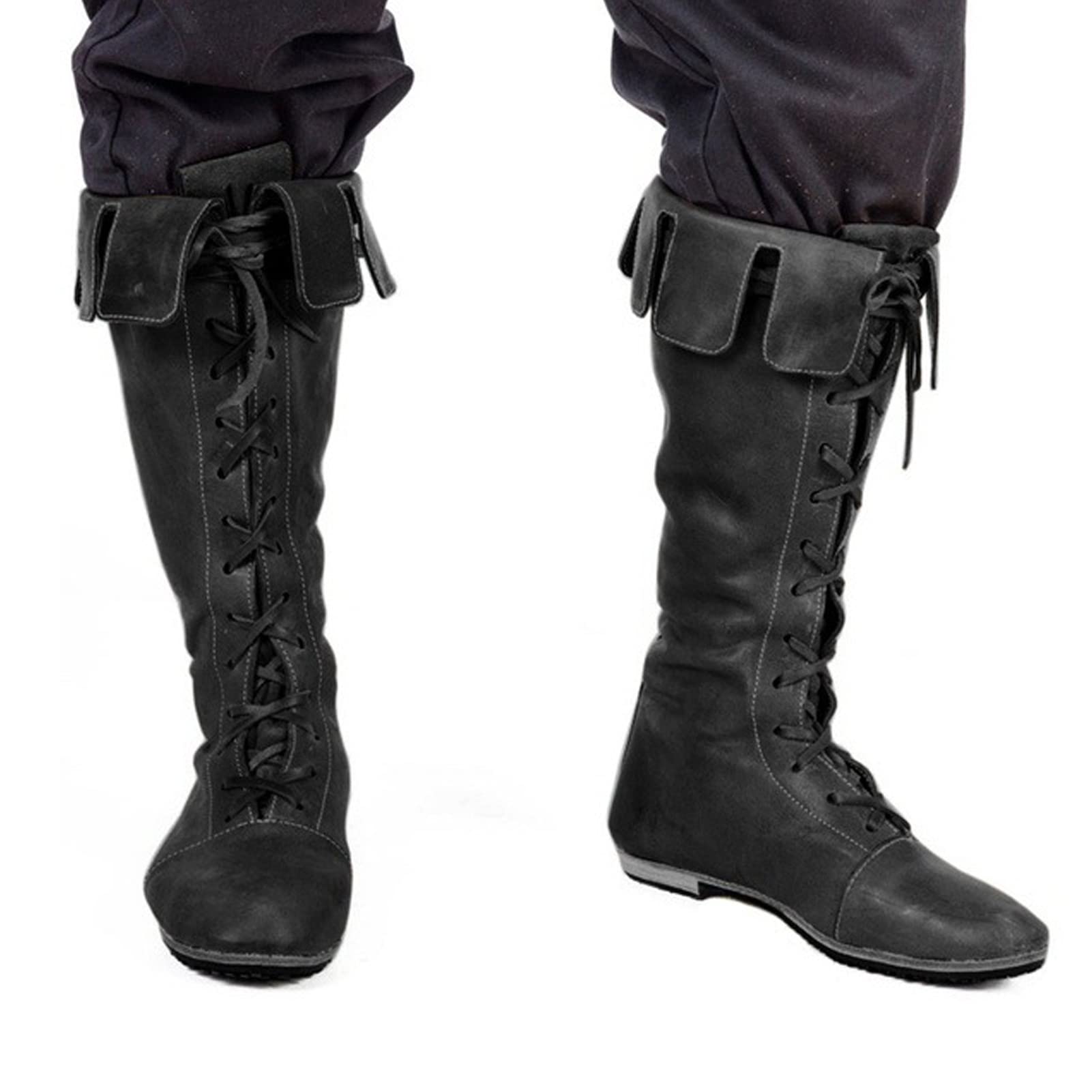 Zozulialia Medieval PU Leather Men's Boots - Retro High Tube Flanging Knight Boots with Lace Up for Viking Pirate Prince Princess Victorian Renaissance Cosplay,Black,38