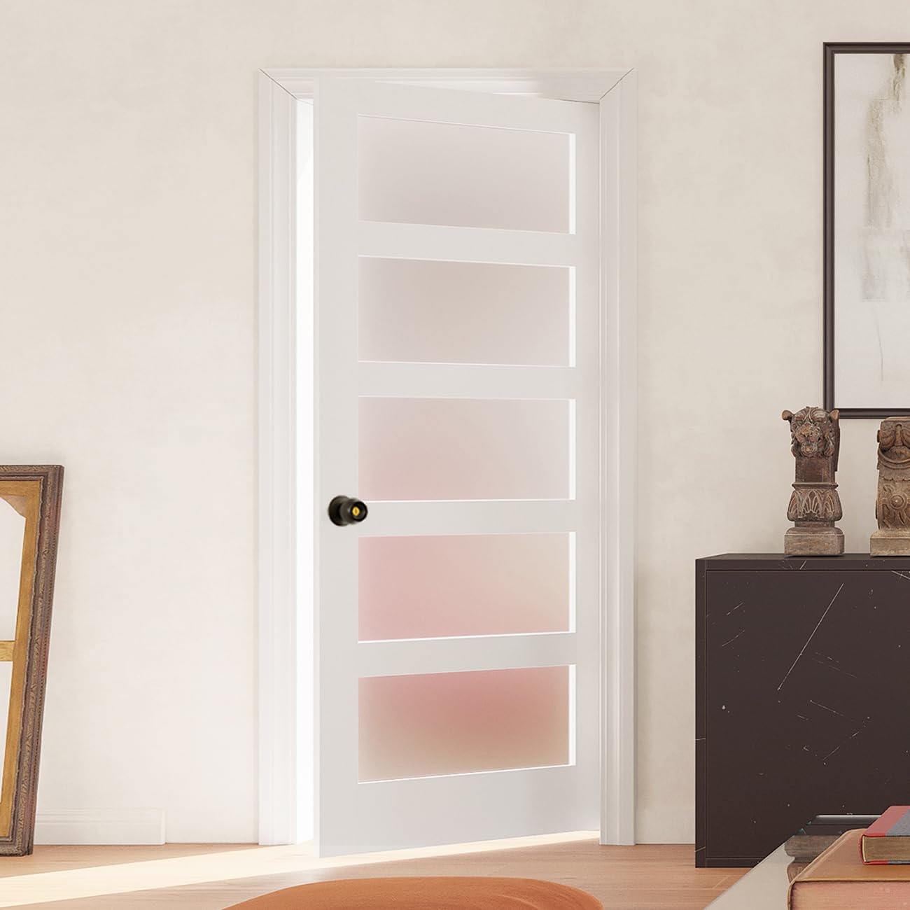 36"x 80" Frosted Glass French Door Slab, White 5 Lite Pantry Door with Black Knobs &amp; Lock, Easy to Assemble Interior Doors for Bathroom, Bedroom, Laundry