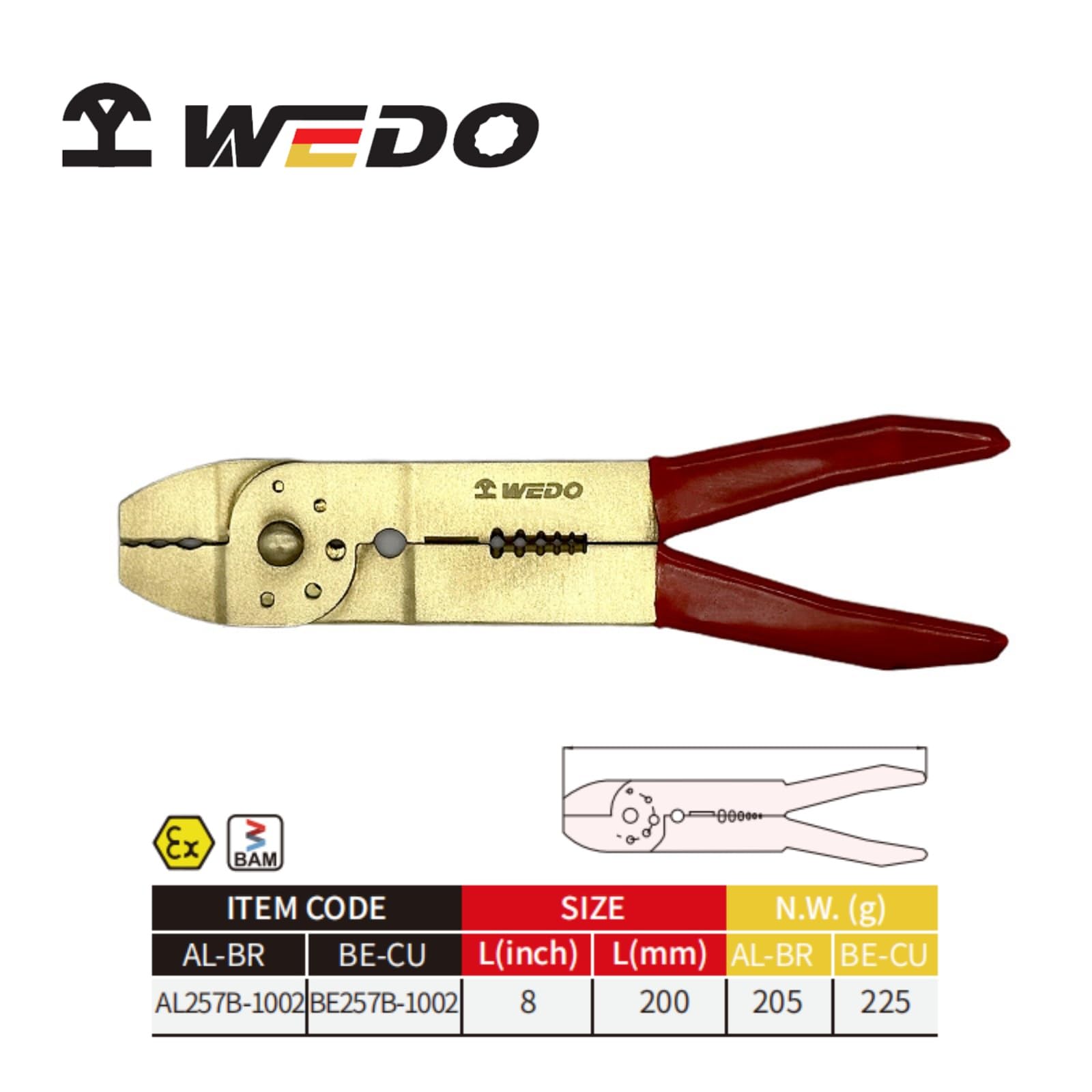 WEDO Pinza crimpatrice senza scintille, 20,3 cm, bronzo in alluminio, manici ergonomici e confortevoli, resistenza alla corrosione, certificato BAM e FM, lunghezza 200 mm