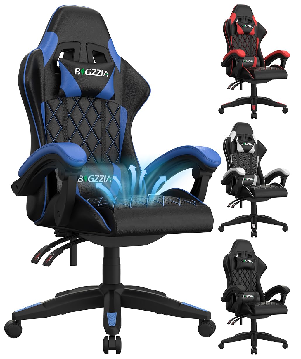 bigzzia Silla Gaming, Silla Gaming Ergonómica con Cojín Ventilado, Sillas Gamer Ajuste de Inclinación 90°-135°, con ReposaCabeza y Soporte Lumbar para Gaming, Estudio y Oficina (Azul)