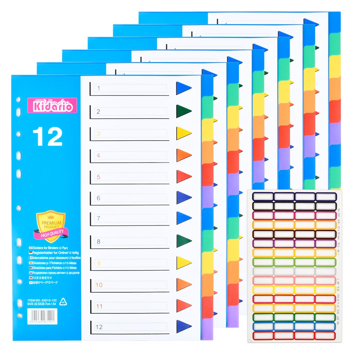 TMBMLPP A4 File Dividers - 6-Pack, 12-Part Ring Binder with Sticky Folder, Color-Lever Arch for School/Office