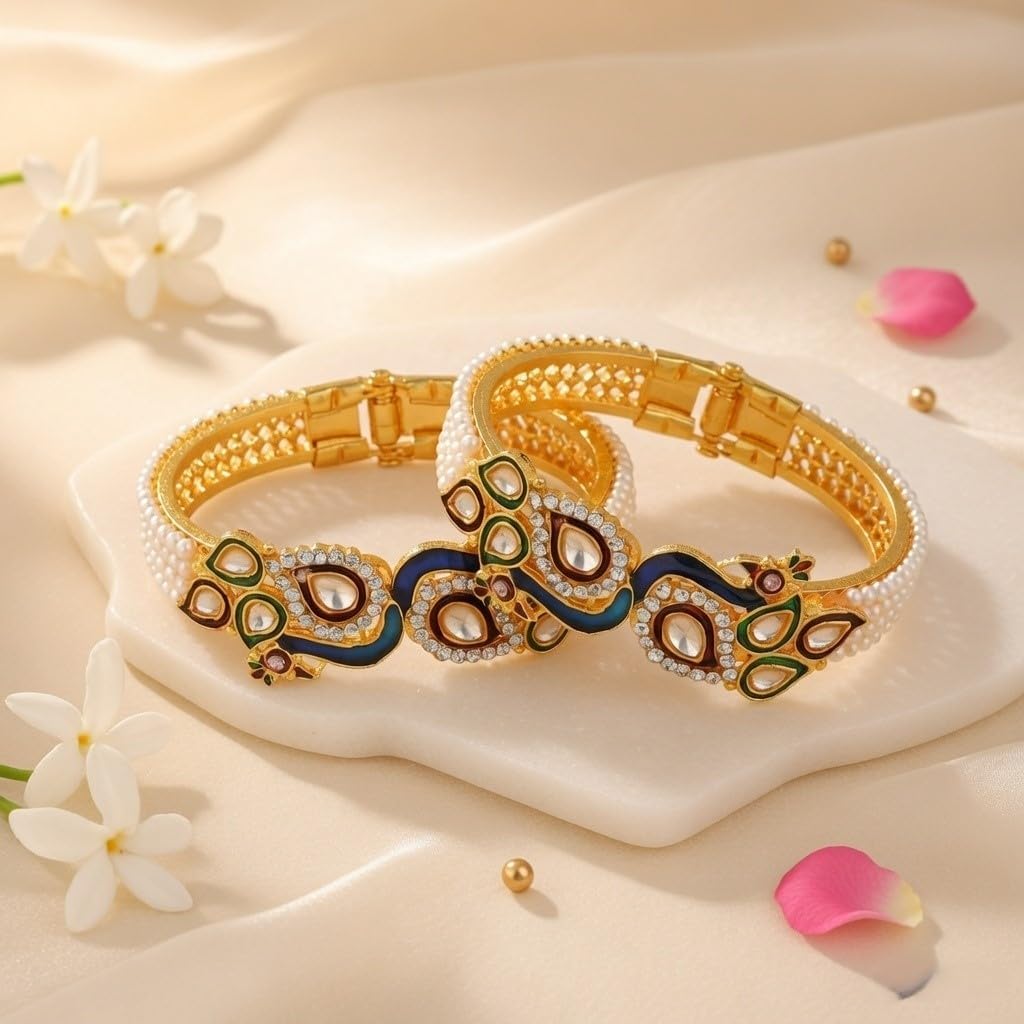 Efulgenz Fashion Jewellery Indian Bollywood 14 K Gold Plated Faux Pearl Kundan Rhinestone Peacock Bracelet Bangle (2 Pc)