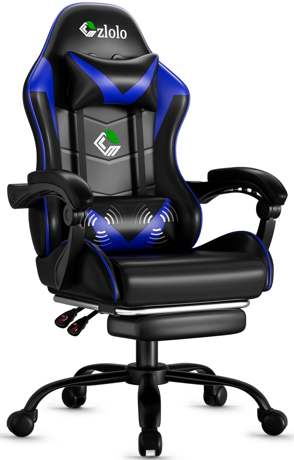 Gaming Chair with Footrest Racing Style Lumbar Support Massager Video Game Chair with Metal Legs, High Back Reclining Gamer Chair with Headrest, 360° Swivel Office Computer Desk Chair (Blue)