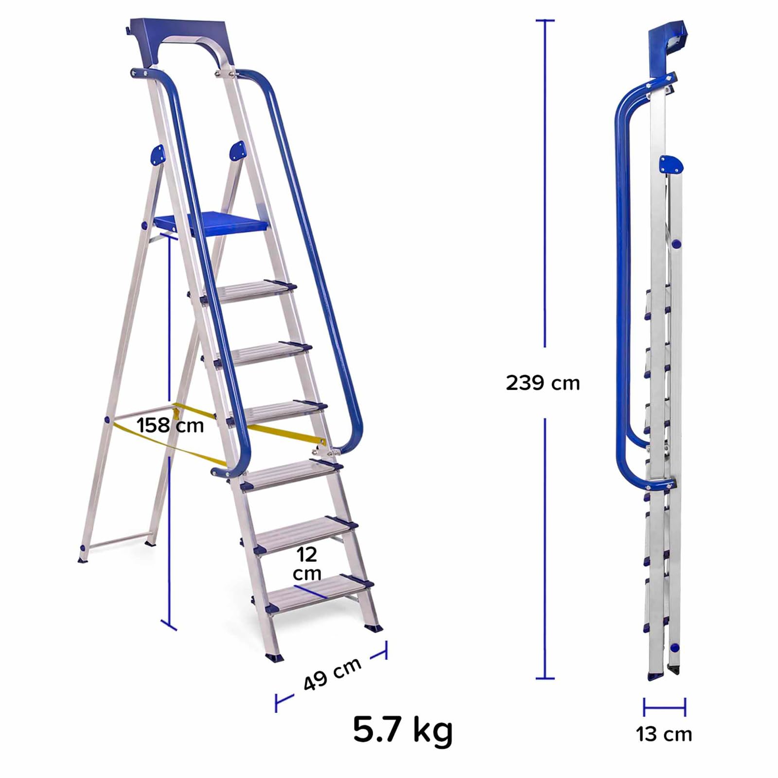 HOSTRÖM Escalera de Tijera de 7 peldaños Secure Pro, Aluminio Reforzado, Segura con barandillas, Bandeja portaherramientas, Altura de Plataforma 158 cm, garantía de 5 años