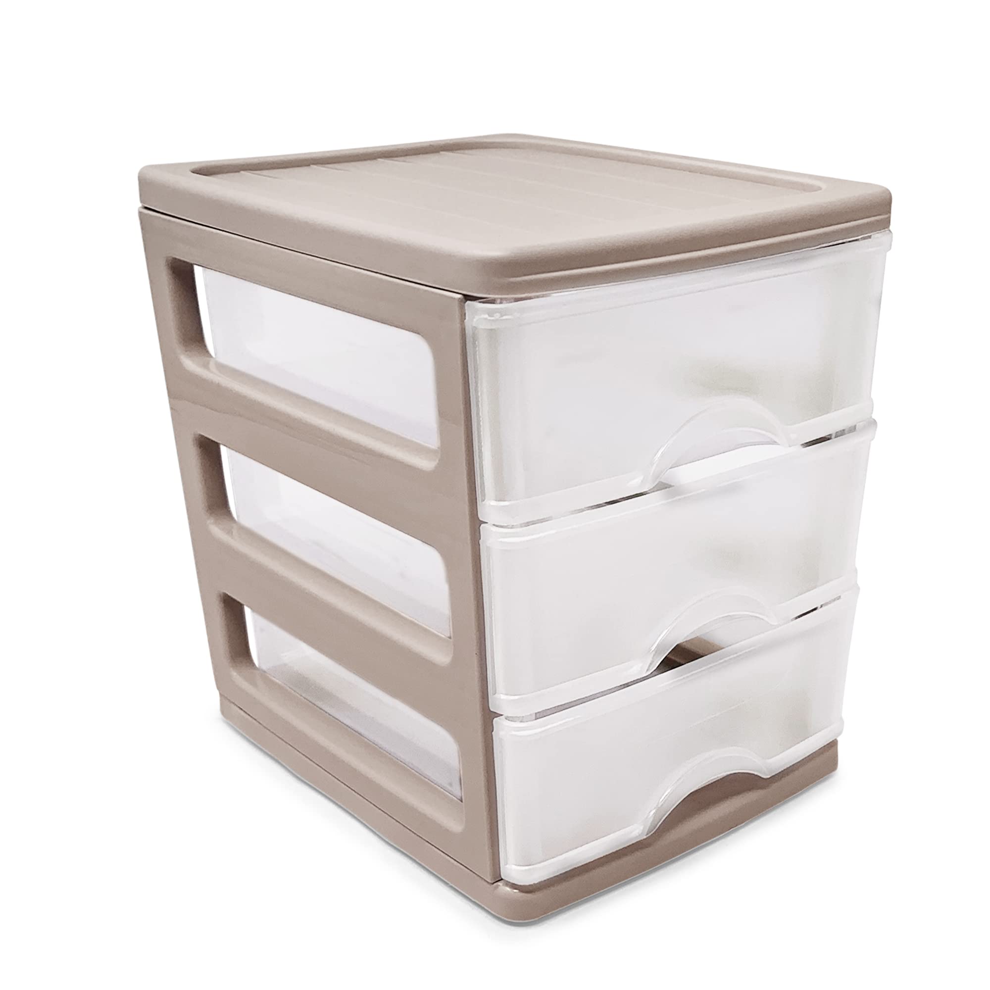 Plastic Desktop Storage Unit with Drawers, Stationary Arts Drawer Desktop Tabletop Organiser Storage Tower Unit for Office Bedroom Garage ((17 x 13.5 x 17cm, Taupe with 3 Clear Drawers)) — view 8
