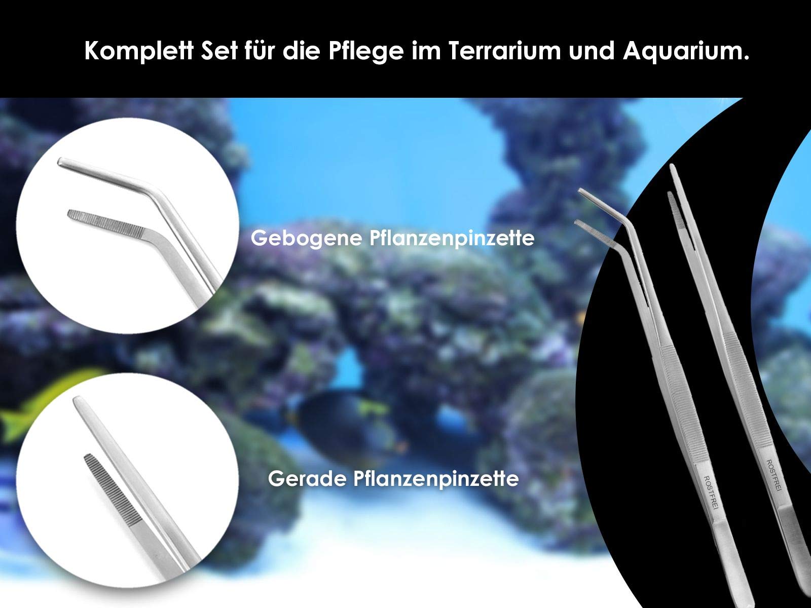 Komplett-Aquarium - Terrarium Set (Pflanzen-Pinzetten, Pflanzenschere, Kiesspatel im Etui), Edelstahl