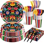 175 Pcs Fiesta Tableware Set – Serves 25, Mexican Party Supplies Disposable Plates, Cups, Napkins, Forks, Spoons, Knives with Floral and Serape Stripe Design for Cinco de Mayo, Birthday Celebrations