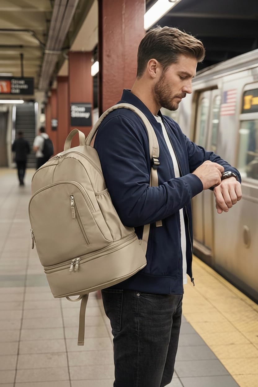 Unisex Lightweight Expandable Gym Backpack with Shoe Compartment, Waterproof Travel Bag for 14" Laptop Khaki