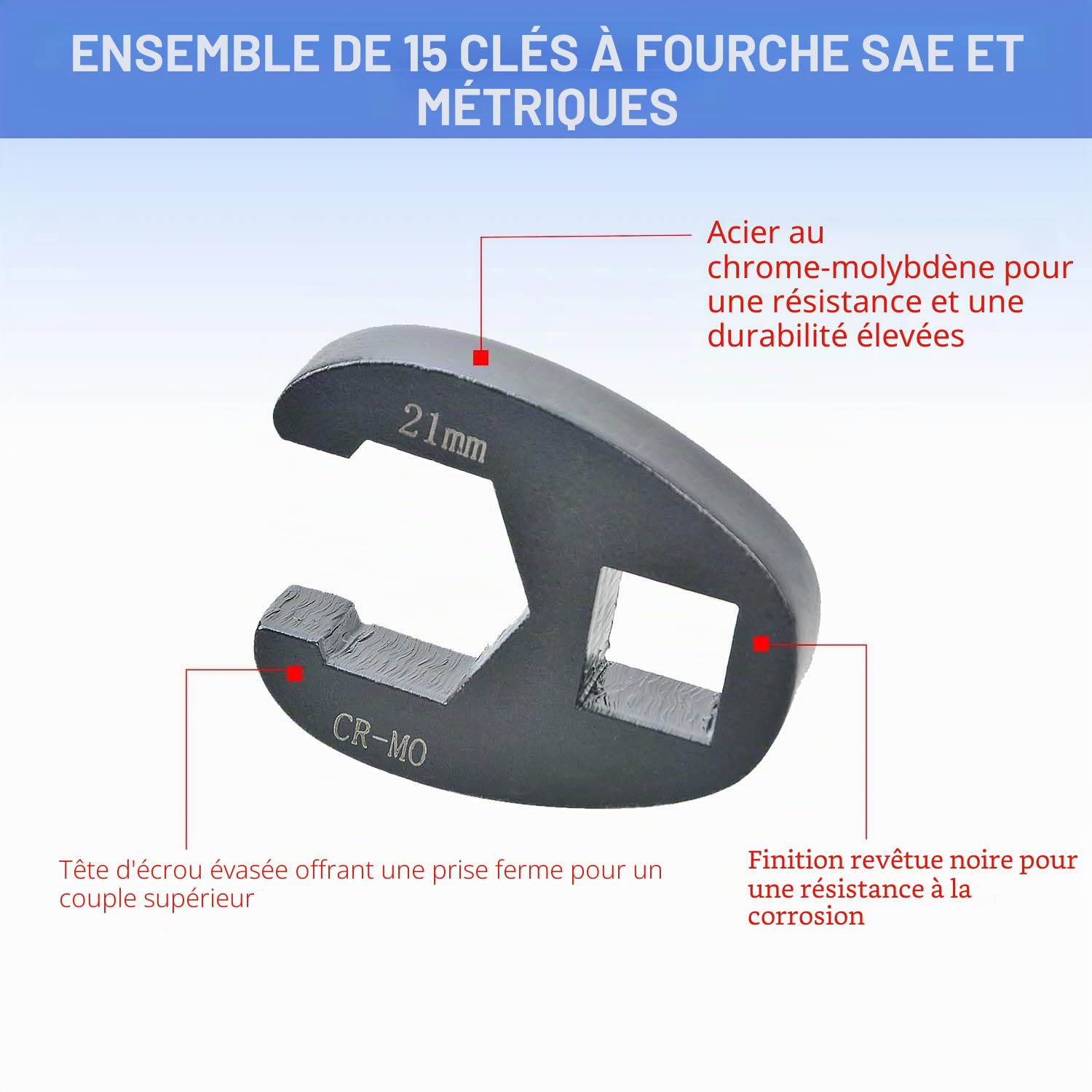 Ensemble de Clés à Pied de Biche (Crowfoot) 8-24 mm Kit de Douilles Ouvertes en Cr-Mo, pour Espaces Restreints, Auto et Moto, 3/8" et 1/2"