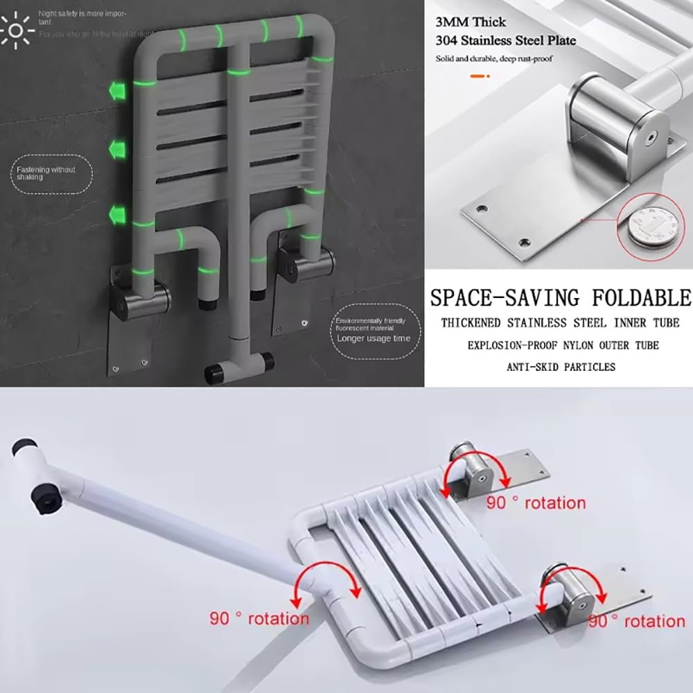 Silla Ducha Plegable, Asiento Ducha Plegable Pared Montada, Silla Abatible Ducha Montado en la Pared,Carga Máxima De 300Kg, con Apertura de visión Nocturna para Personas Mayores y Discapacitadas