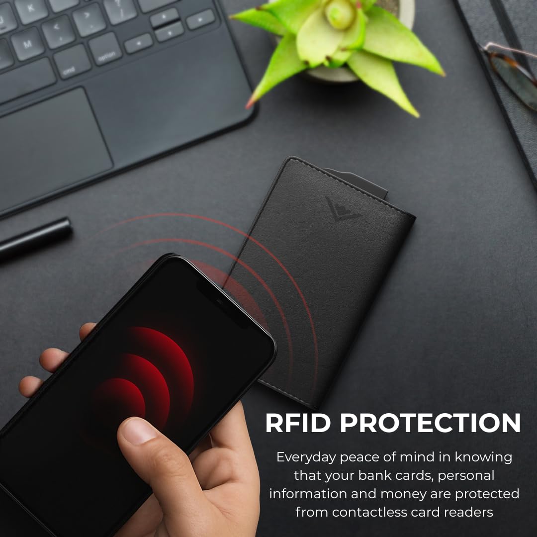 Stealth Wallet RFID Card Holder Wallet - Smart Minimalist Pop Up Wallets with Gift Box - Lightweight Metal Credit Card Holders for Men & Contactless Protect (Black Aluminium,Crazy Horse Leather)