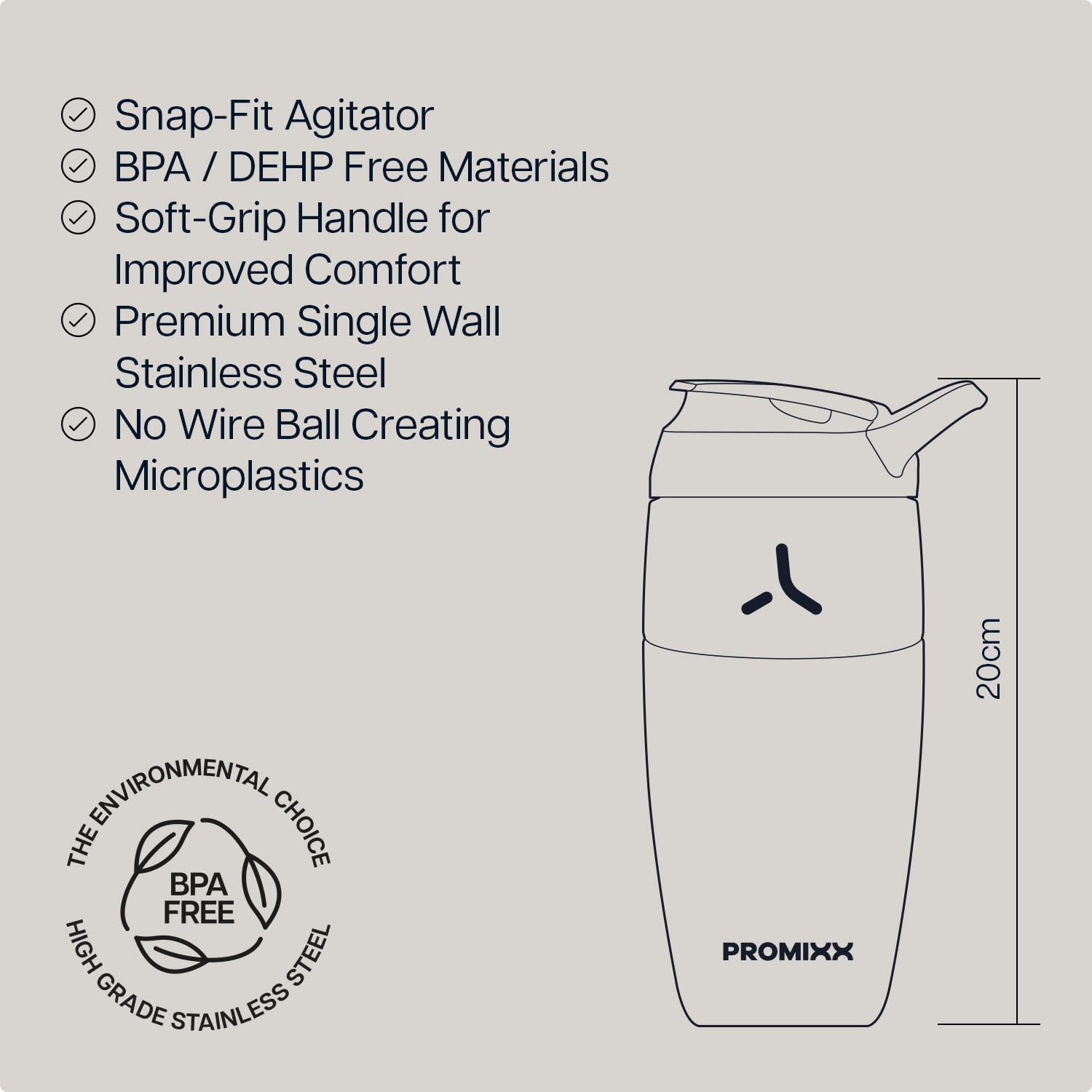 Promixx Pursuit Shaker Acciaio Inossidabile - 760ml Miscelatore Proteico Metallo Leggero con Snap-Fit per Frullati Lisci - Ermetico Anti-Odori per Fitness - Verde Alga