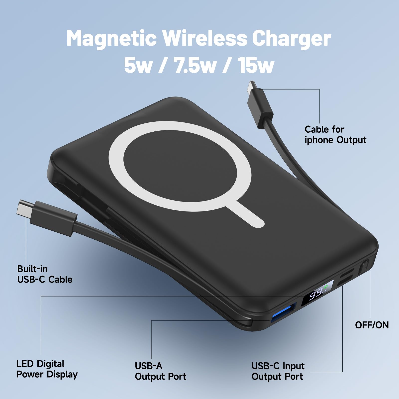 Powerbank Magsafe 10000mAh, Caricatore Portatile Magnetico Wireless 20W con Display LED per iPhone 17/16/15/14/13/12 Pro/Pro Max/Plus Nero