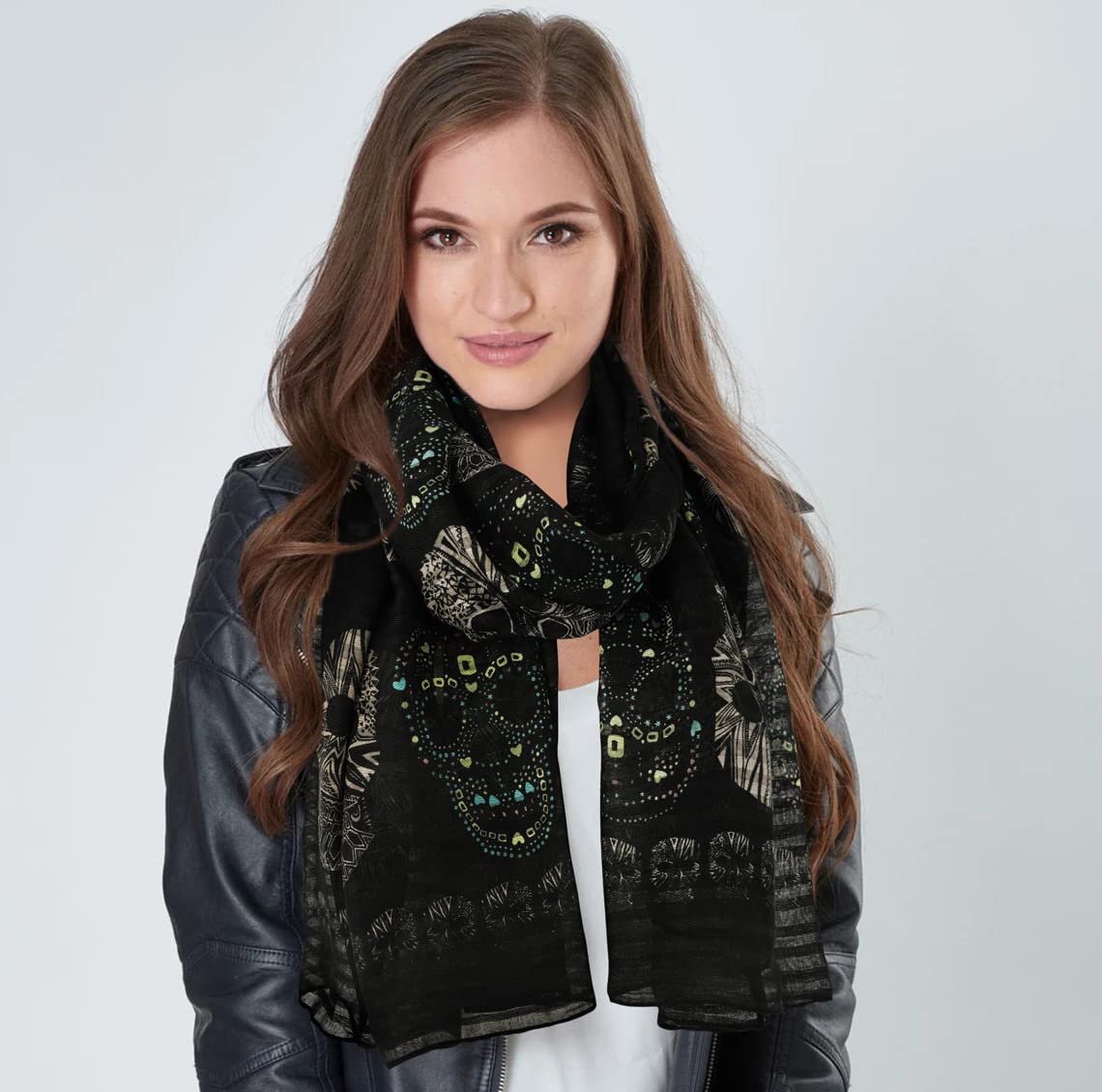 Bufandas de calavera geniales para mujer, chales grandes, bufandas de algodón ligeras, accesorio de primavera para Calavera, Negro - 2