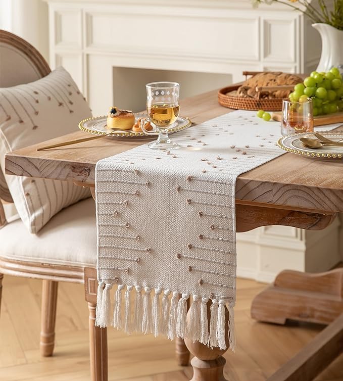 Image of Premium Boho Cotton Table Runner for 4 6 Seater Dining Table |Center Table |Coffee Table|Dining Table|Eating Area|Table Decor(14*72 INCHES)|Beige| SZPR 056