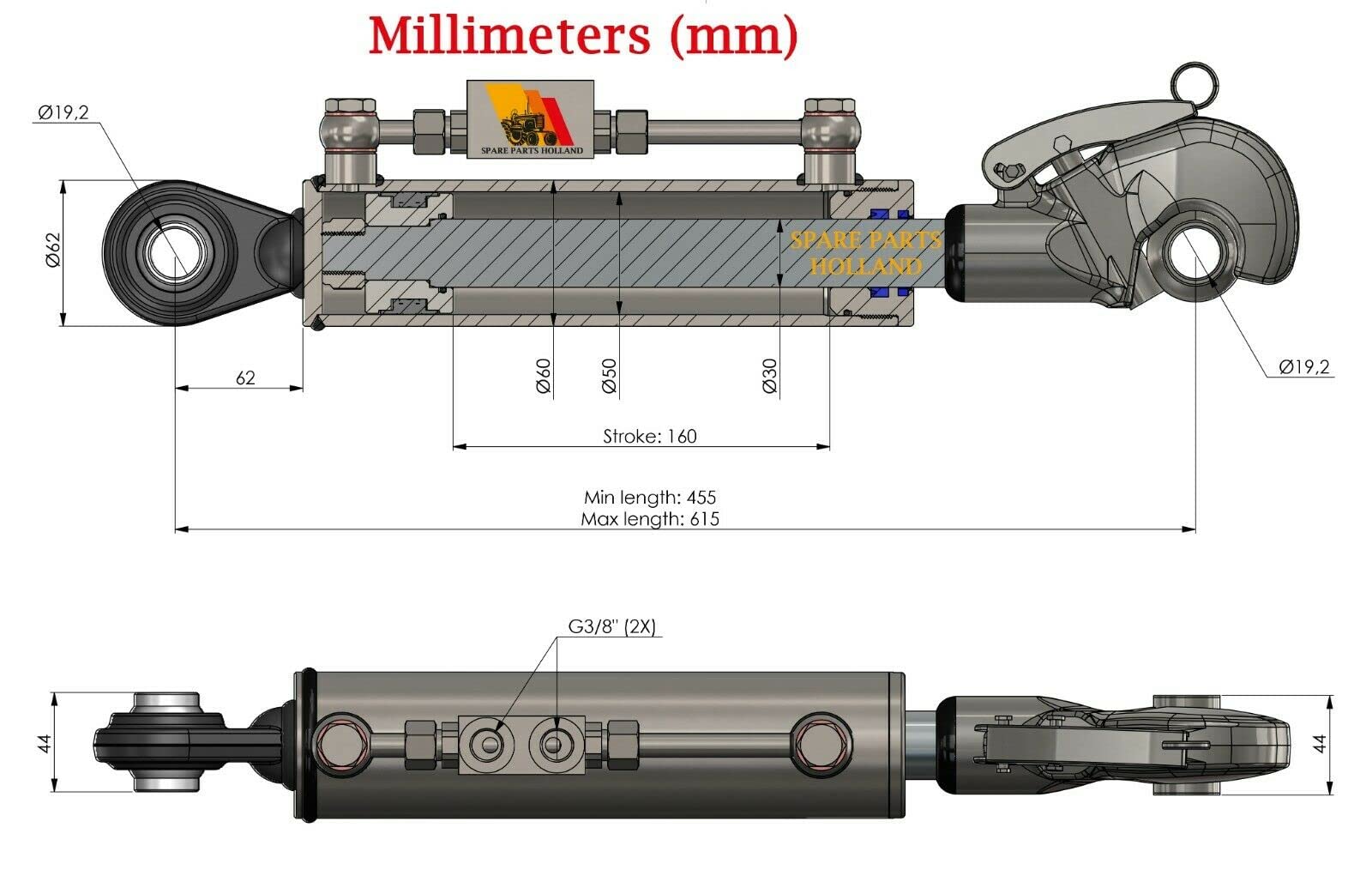 Terzo punto idraulico per trattore CAT 1+ 1 Gancio di cattura 17 15/16" - 24 7/32" Bloccaggio Bloccaggio Tubi Stroke 6 5/16"